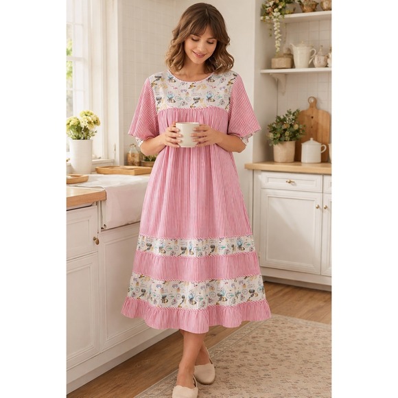 National Dresses & Skirts - National Pink Striped Cotton House Dress Muumuu Spring Novelty Print 2X Easter